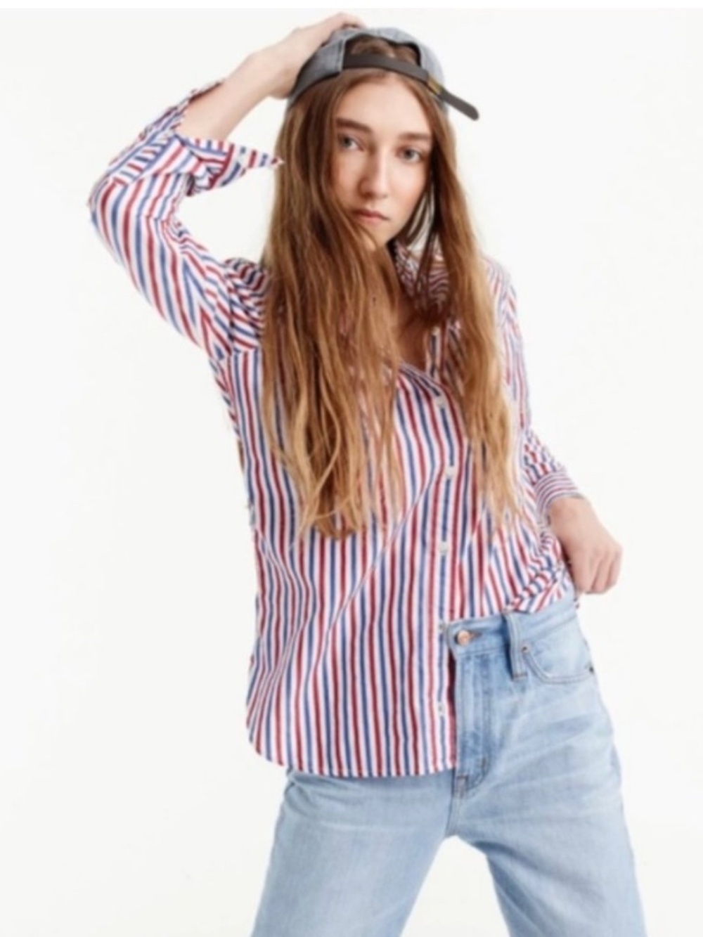 NWOT J Crew SZ 0P Classic-fit Button Up Shirt in Trifecta Stripe Red Blue